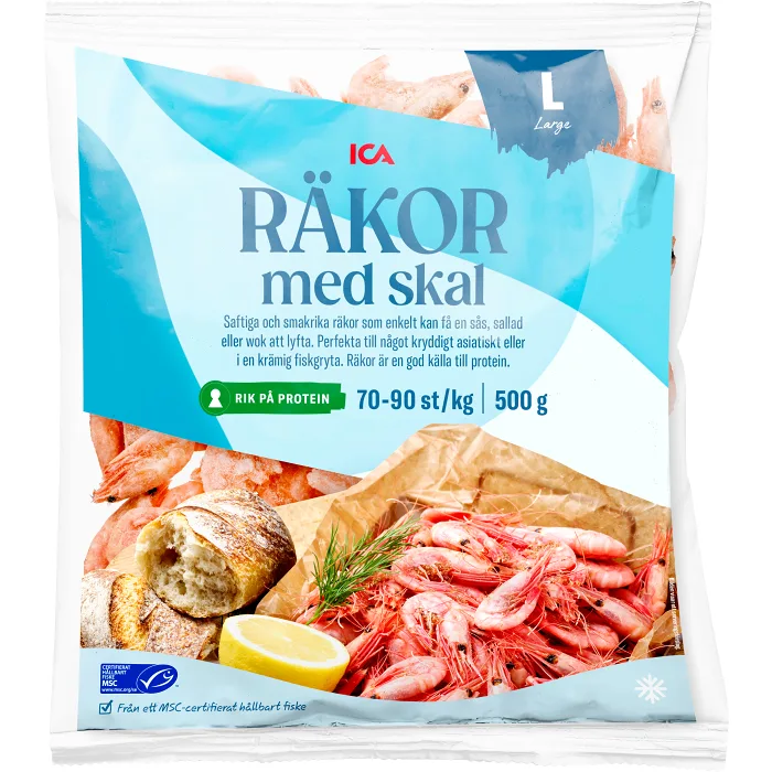 Stora räkor med skal 70-90st/kg Fryst 500g ICA