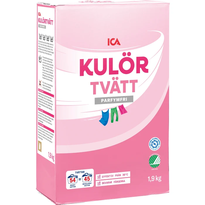 Tvättmedel Kulörtvätt Pulver Parfymfri 1,9kg Miljömärkt ICA