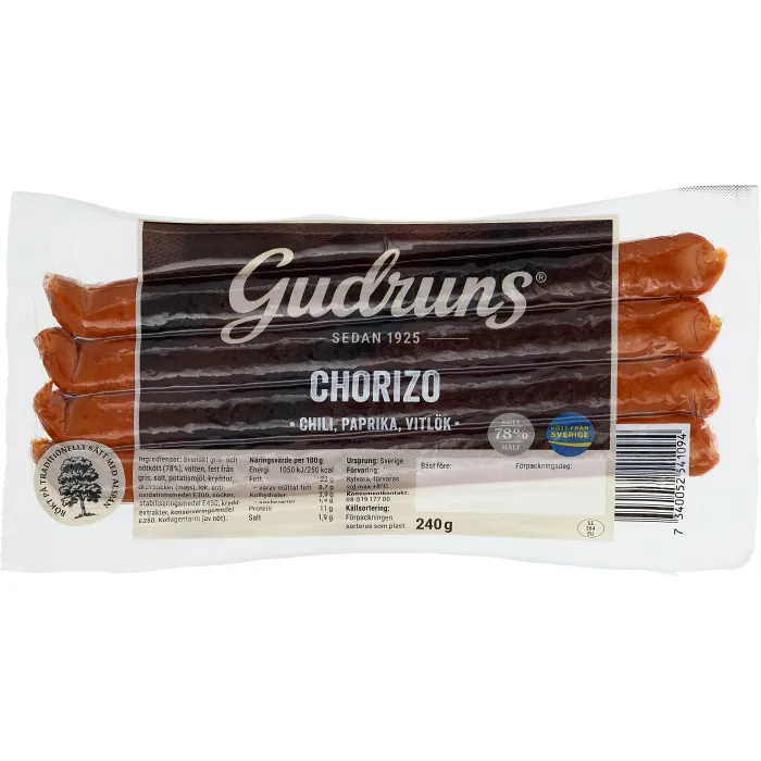 Chorizo Smal 78% Kötthalt 240g Gudruns