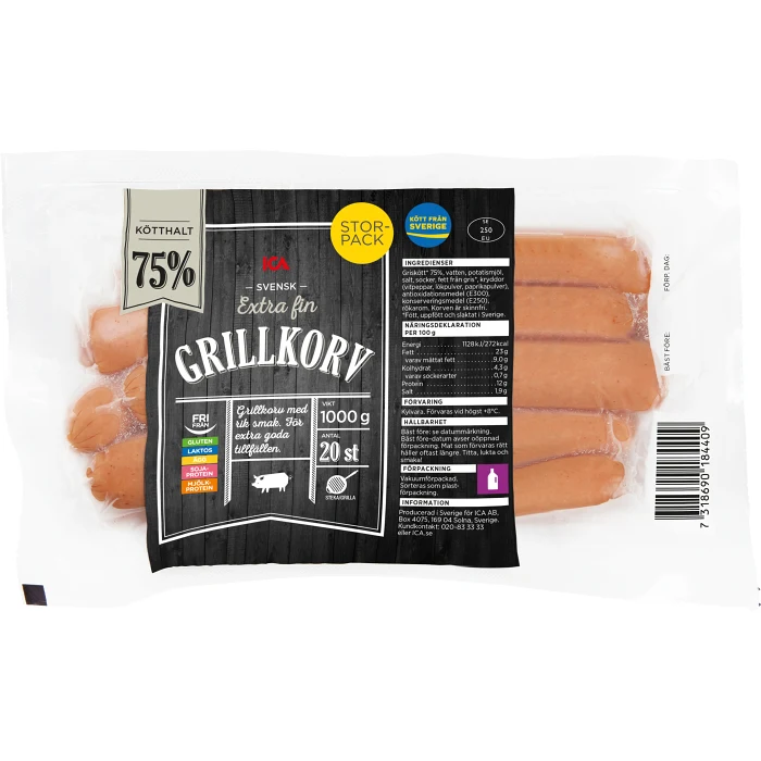 Grillkorv Extra fin 75% Kötthalt 1kg ICA