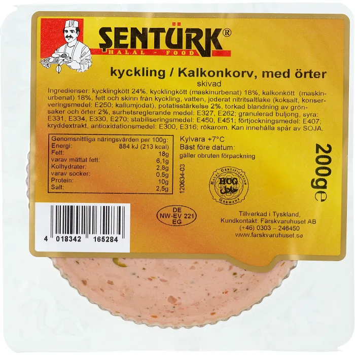 Kyckling Kalkonkorv med örter skivad 200g Sentürk
