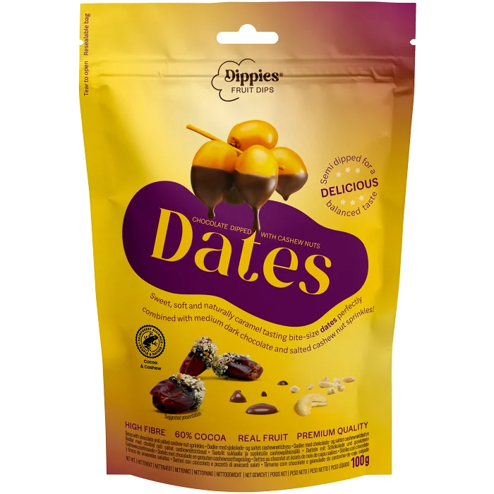 Torkade chokladdoppade dadlar med cashewnötter 100 Gram Sunshine Delights