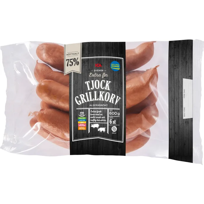 Grillkorv Tjock Extra fin 75% Kötthalt 600g ICA