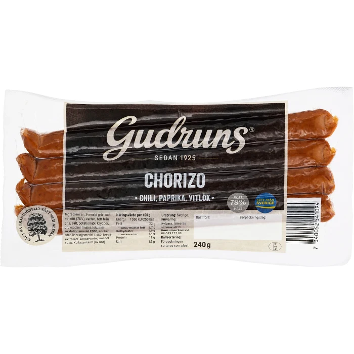 Chorizo Smal 78% Kötthalt 240g Gudruns