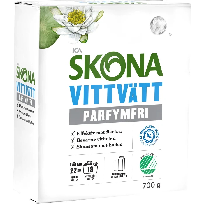 Tvättmedel Vit Parfymfri 700g Miljömärkt ICA Skona