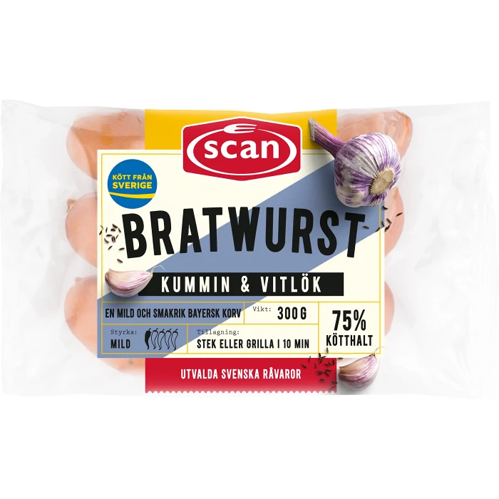 Bratwurst Kummin Vitlök 75% Kötthalt 300g Scan