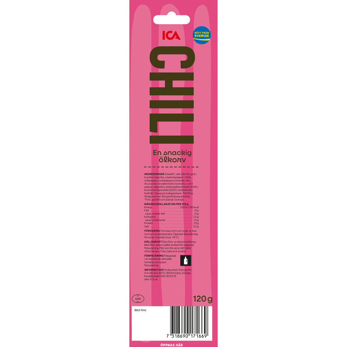 Ölkorv Chili mellanstark och kryddig 3-p 120g ICA