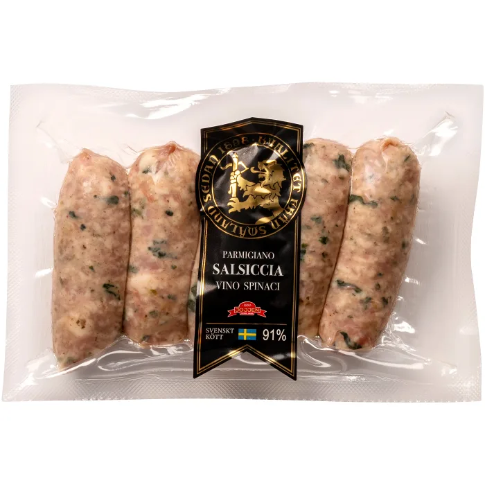 Kryddkorv Salsiccia Spinaci vino parmigiano 91% Kötthalt 230g Hirschmans Charkuteri