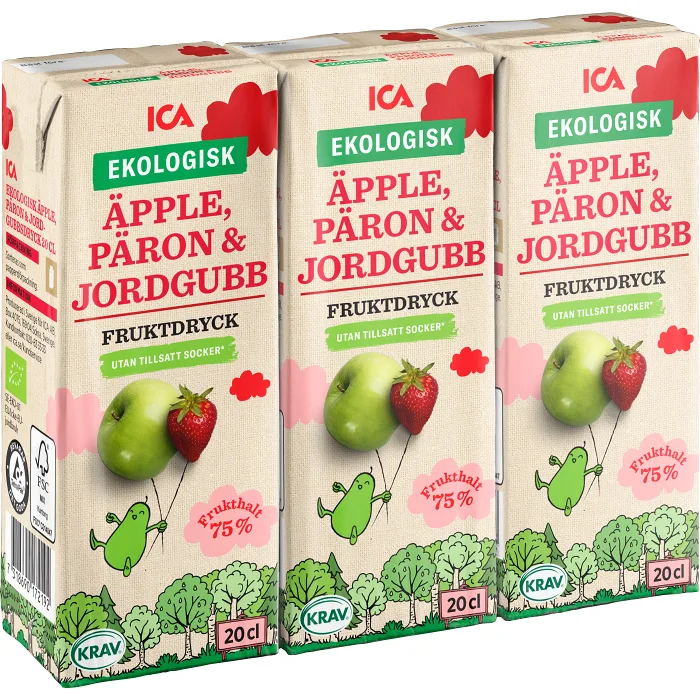 Fruktdryck Äpple päron & jordgubb 20cl 3-p ICA I love eco