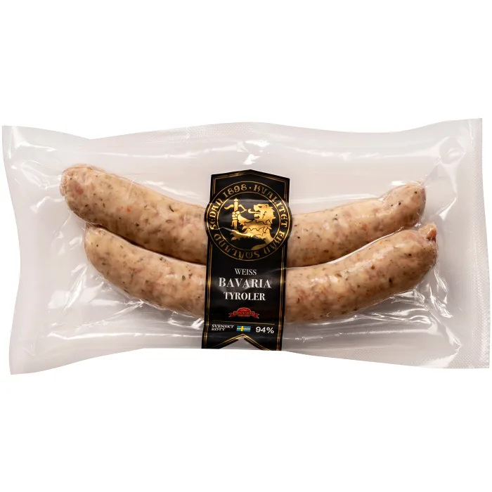 Kryddkorv Vit Rostbratwurst Bavaria Tyroler 94% Kötthalt 230g Hirschmans Charkuteri