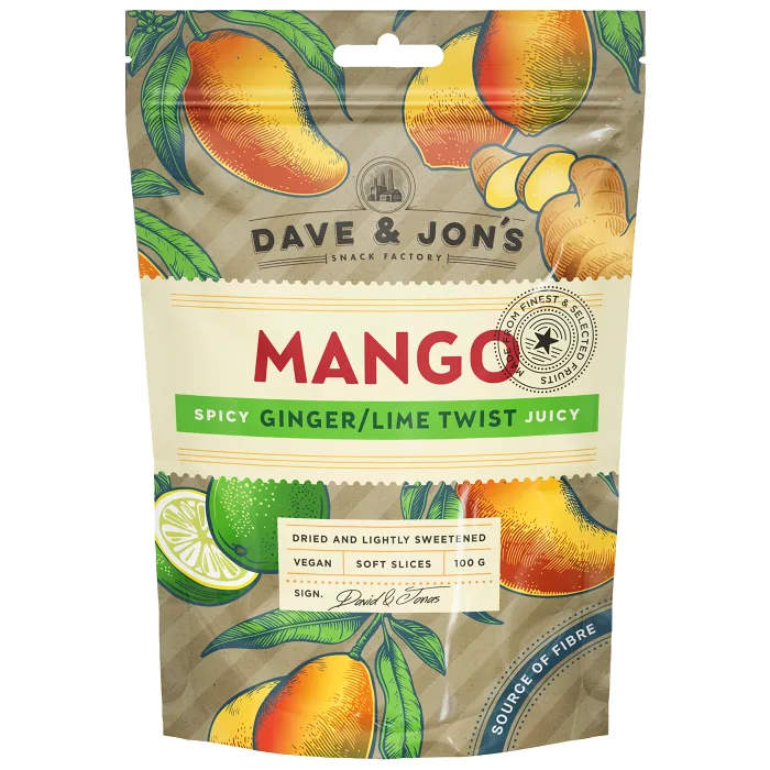 Torkad Mango Ginger/Lime 100g Dave & Jon's