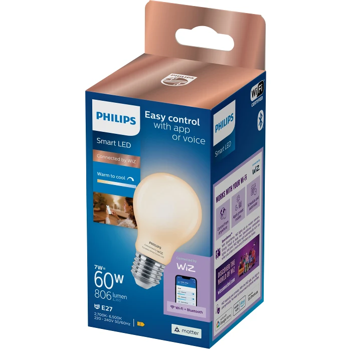Smart LED WiZ Normal 806lm(60W) E27 Frostat glas Dimbar Philips