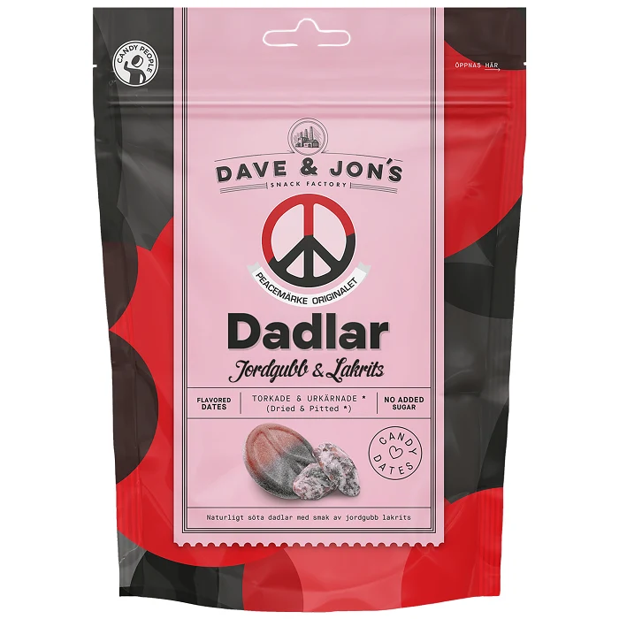 Dadlar Peacemärke Jordgubb och Lakrits 125g Dave & Jon's