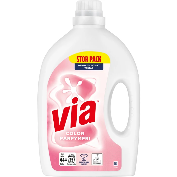 Tvättmedel Flytande Color Parfymfri Miljömärkt 1760ml Via