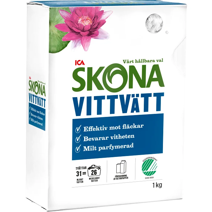 Tvättmedel Vittvätt Morgonsol 1kg Miljömärkt ICA Skona
