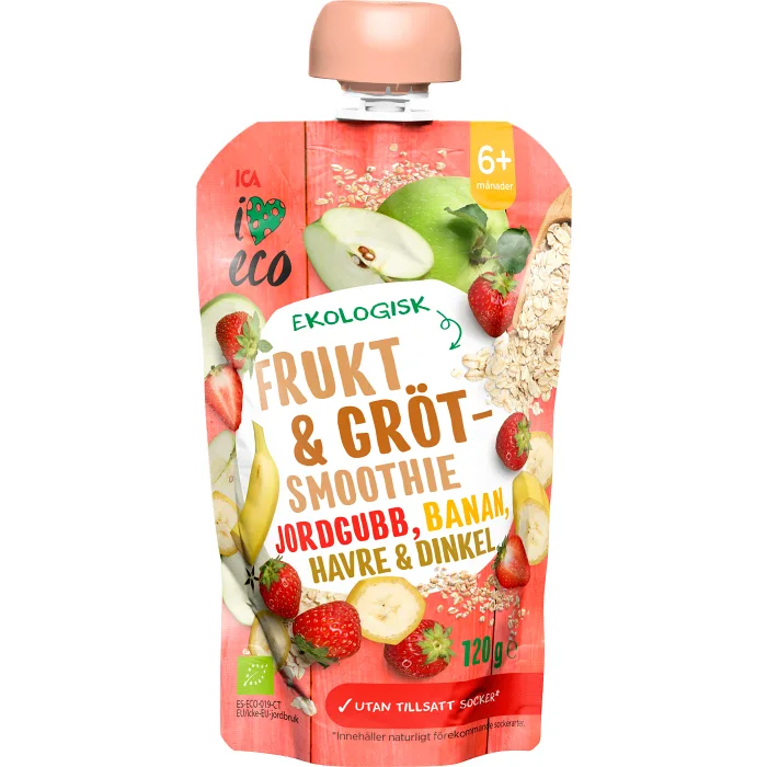 Grötsmoothie jordgubb, banan, havre & dinkel 6m 120g ICA I love eco