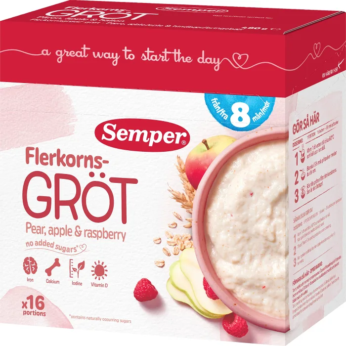 Flerkornsgröt pear, apple & raspberry 8m 16 port 480g Semper
