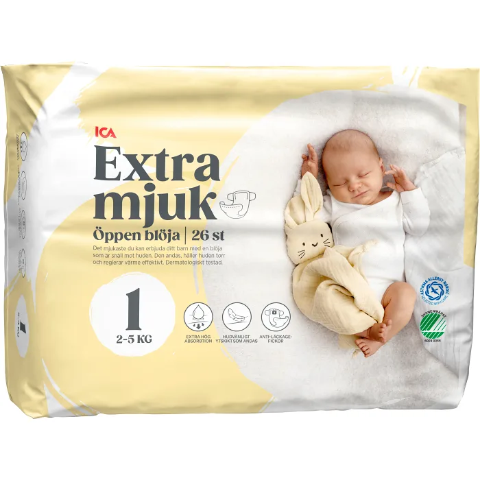 Blöjor Extra mjuk öppen blöja strl 1 2-5kg 26-p ICA