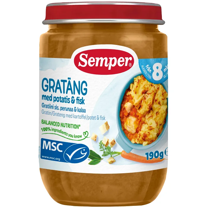 Barnmat Gratäng med potatis & fisk 8m Semper
