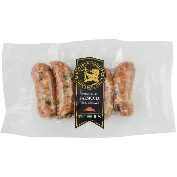 Kryddkorv Salsiccia Spinaci vino parmigiano 91% Kötthalt 230g Hirschmans Charkuteri