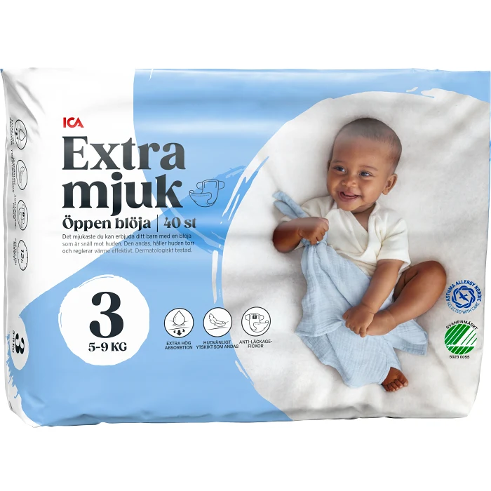 Blöjor Extra mjuk öppen blöja strl 3 5-9kg 40-p ICA
