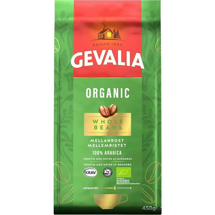Kaffe Mellanrost Hela bönor Ekologiskt 450g KRAV Gevalia