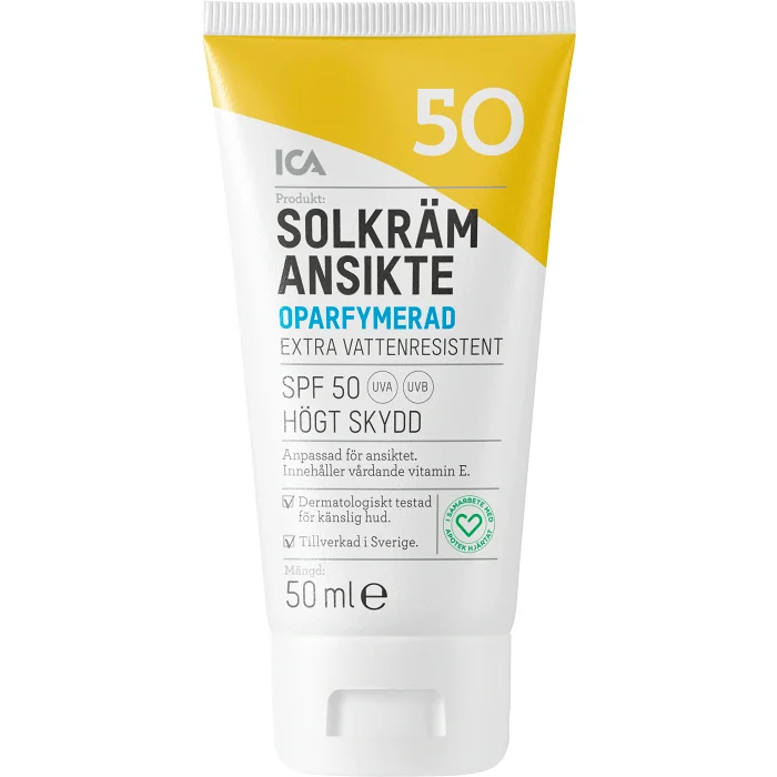 Solkräm Ansikte SPF50 Oparfymerad 50ml ICA Hjärtat