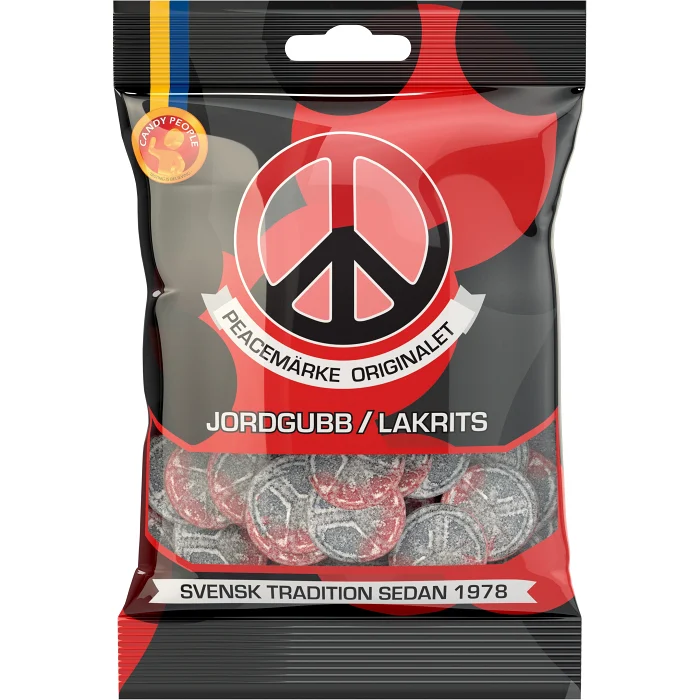Gelegodis Peacemärke Jordgubb & Lakrits 80g Candypeople