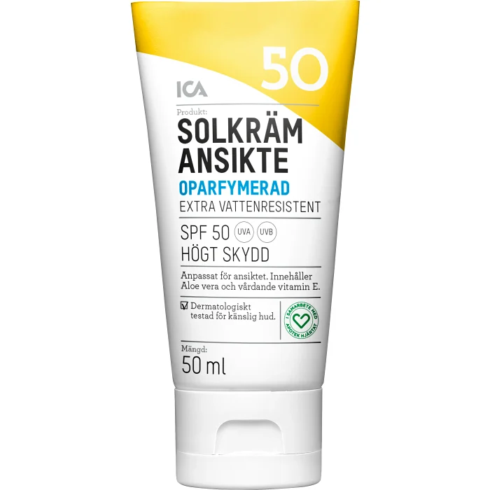 Solkräm Ansikte Oparfymerad SPF50 50ml ICA Hjärtat