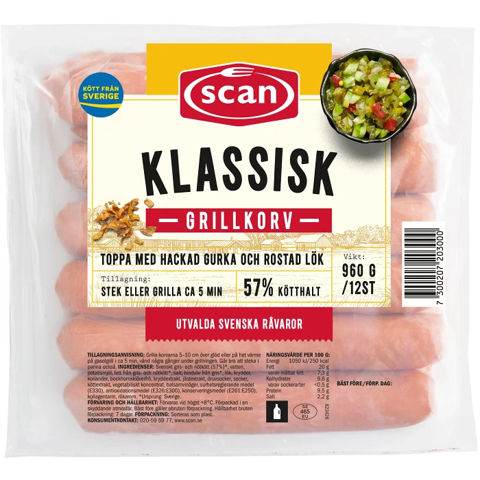 Grillkorv Klassisk 57% Kötthalt 960g Scan