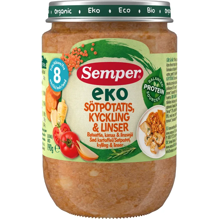 Barnmat Sötpotatis,kyckling & linser Eko 8m 190g Semper