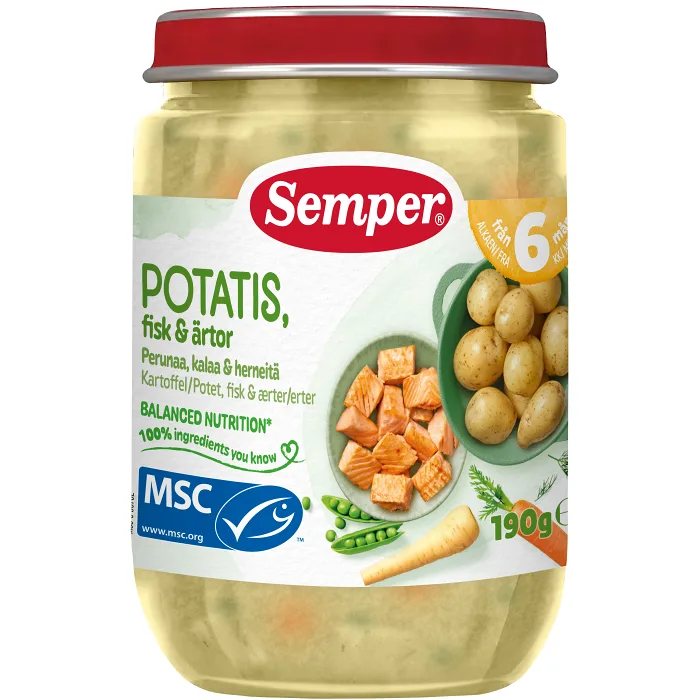 Barnmat Potatis, fisk & ärtor 6m 190g Semper