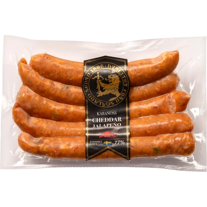 Kryddkorv Kabanoss Jalapeno Cheddar 77% kötthalt 230g Hirschmans Charkuteri