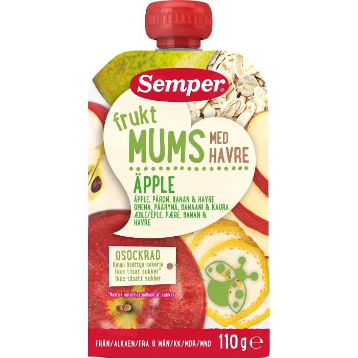 Barnmat Fruktmums äpple med havre 6m 110g Semper