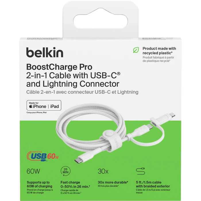 2 i 1 USB-C och Lightning 1,5m vit Belkin