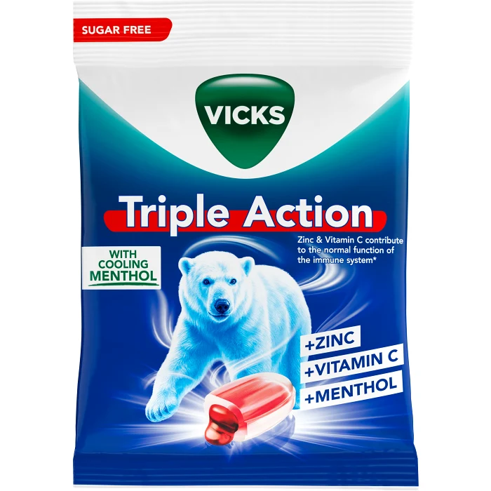 Halstablett Triple Action Sockerfri 72g Vicks