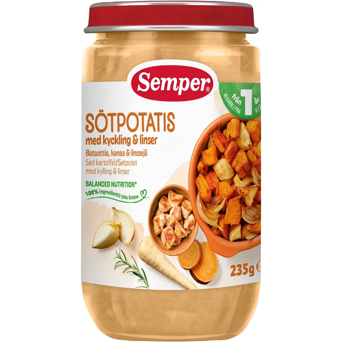 Barnmat Sötpotatis med kyckling & linser 1år 235g Semper