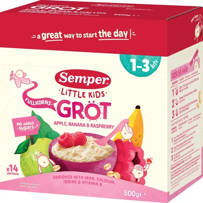 Fullkornsgröt äpple, banan & hallon 1år 14p 500g Semper