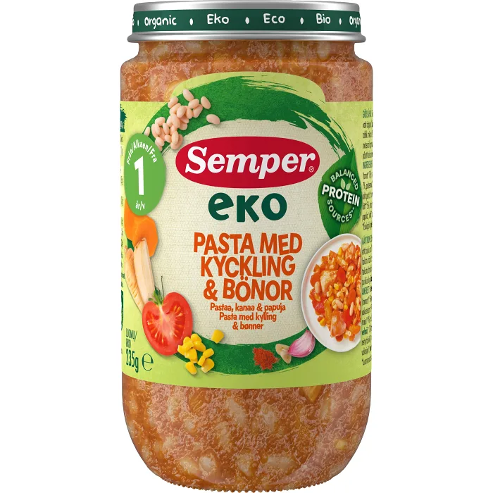Barnmat Pasta, kyckling & bönor Eko 1år 235g Semper