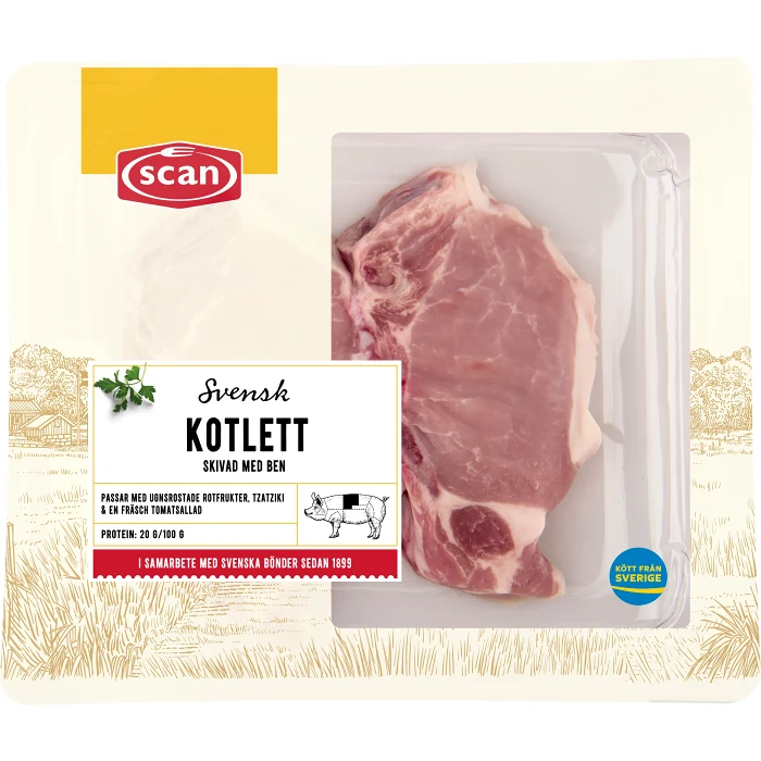 Fläskkotlett Färsk Skivad med ben ca 500g Scan