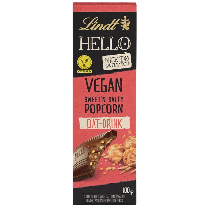 Chokladkaka HELLO Vegan Salt Popcorn Havremjölk 100g Lindt