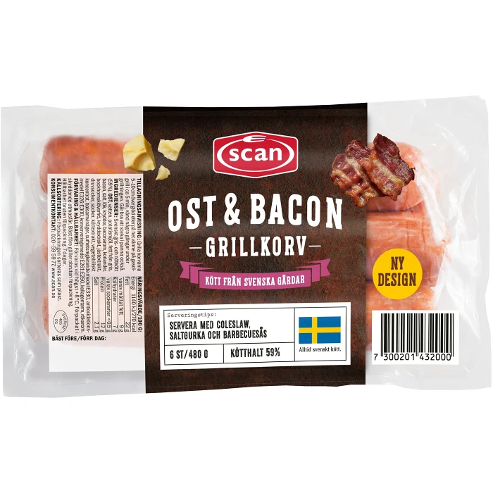 Grillkorv Bacon & Ost 59% Kötthalt 480g Scan