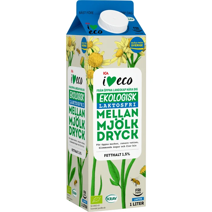 Mellanmjölk Laktosfri 1,5% 1l KRAV ICA I love eco