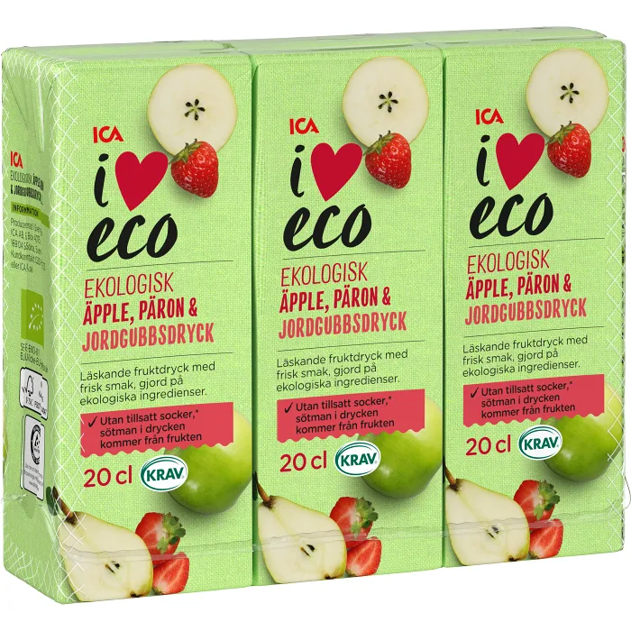 Fruktdryck Äpple päron & jordgubb 20cl 3-p ICA I love eco 