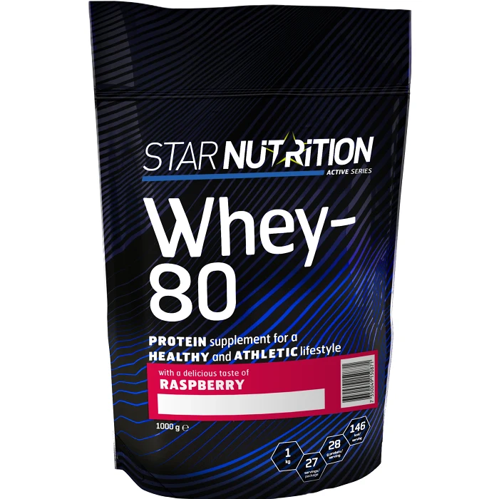 Proteinpulver Whey-80 Hallon 1kg Star Nutrition