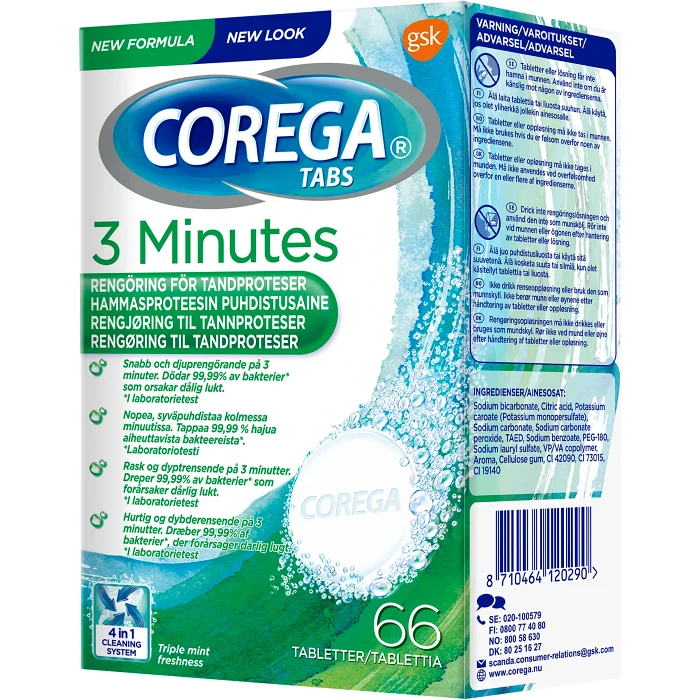 Tandprotesrengöring Tablett 3 minuter 66st Corega