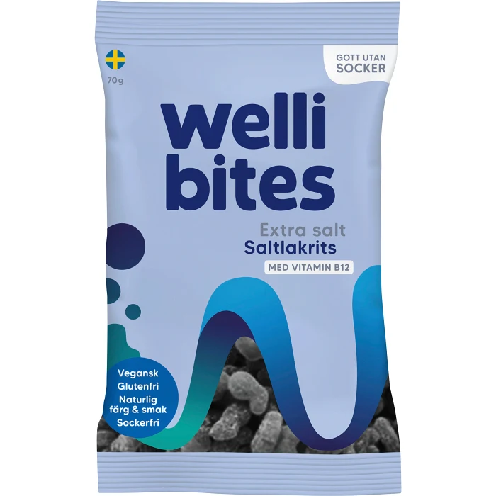 Saltlakrits Extrasalt Sockerfri vegansk 70g Wellibites