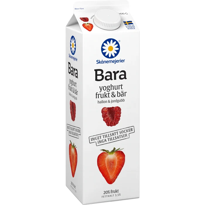 Yoghurt Bara Frukt & bär Hallon & Jordgubb 3,6% 1000g Skånemejerier