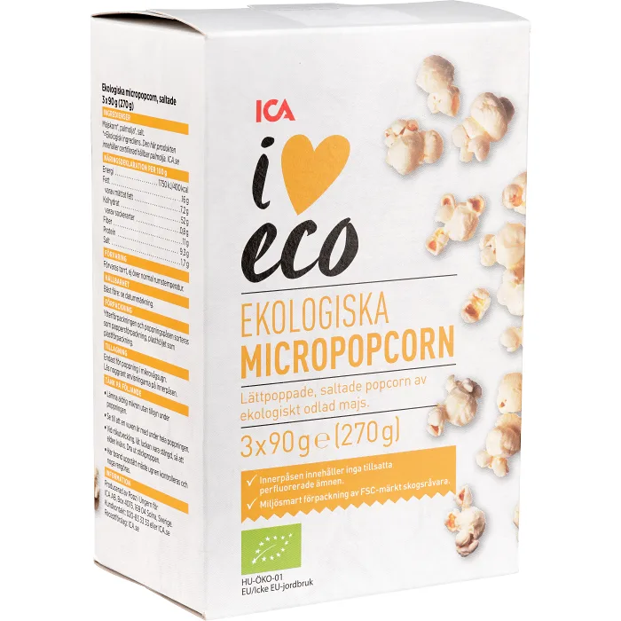 Micropopcorn Ekologiska 90g 3-p ICA I love eco