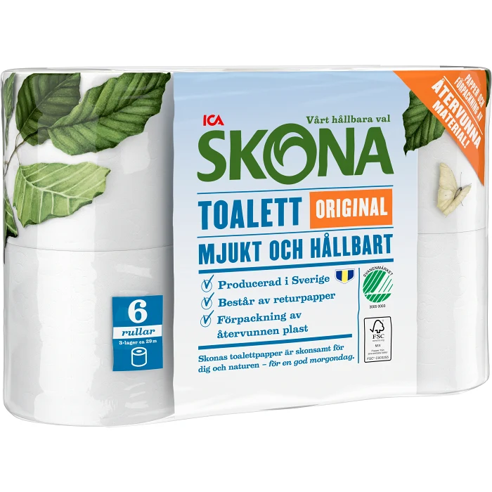 Toalettpapper Original 6-p Miljömärkt ICA Skona